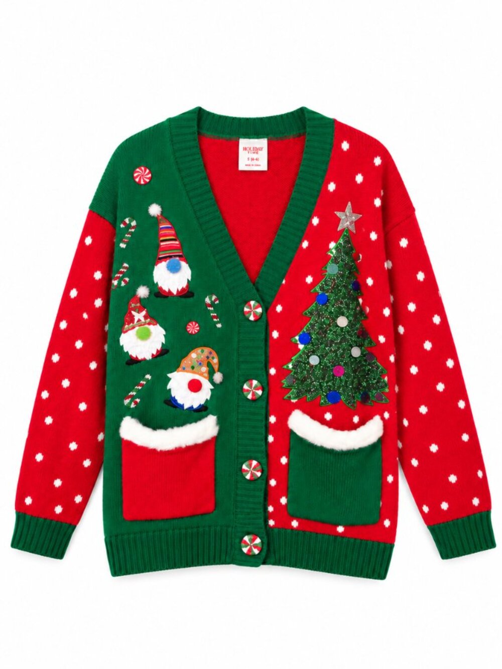 Holiday Time Ugly Christmas Cardigan Sweater Small Gnomes 3D Tree Novelty